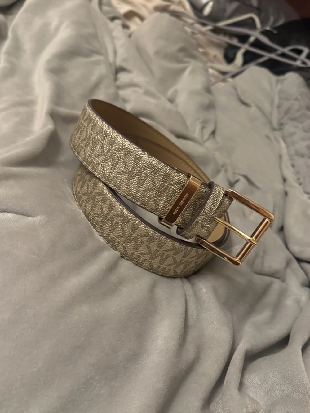 Michael Kors Metallic Logo Pattern Belt in Gold